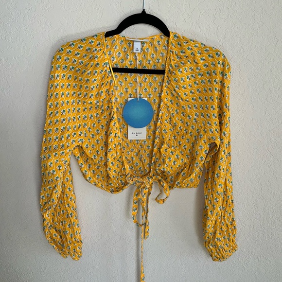 RHODE Tops - RHODE Women's Dainty Lotus Print Wrap Top Yellow Turquoise Size Med